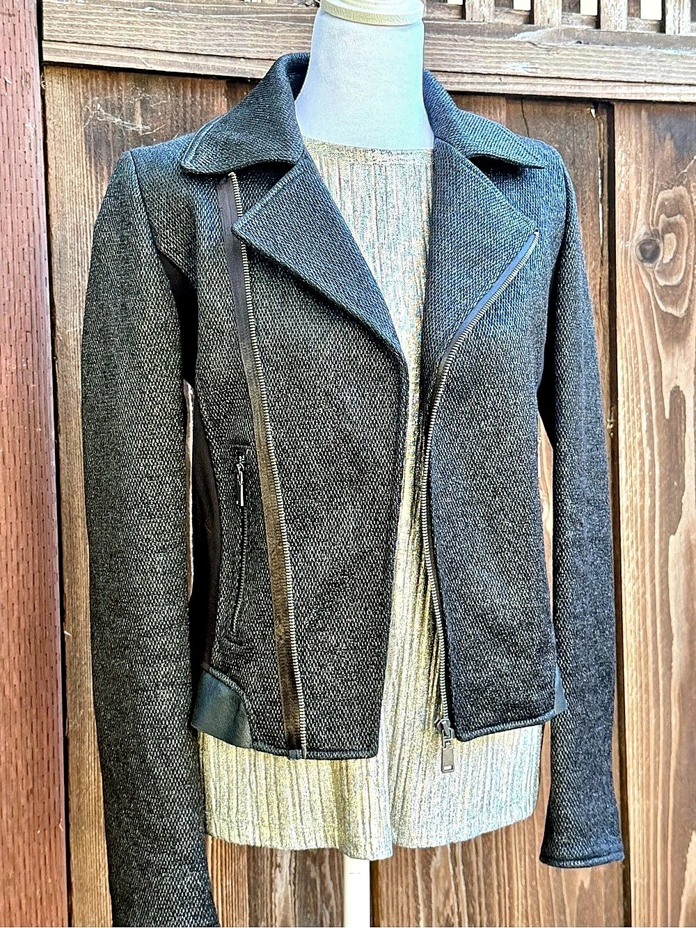 Elie Tahari Mae Mixed-Media Moto Jacket Tweed Lamb Leather Trim Asymmetric Zip X